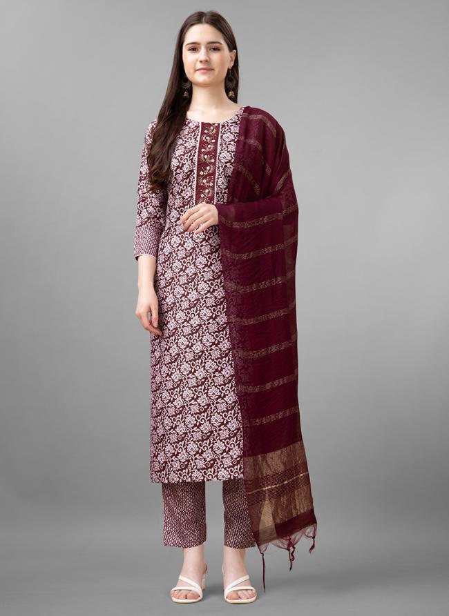 Rayon Wine Casual Wear Embroidery Work Readymade Salwar Suit